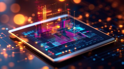 Poster - A digital tablet showcases a vibrant and intricate three-dimensional holographic display of complex data along with circuitry against a bokeh background