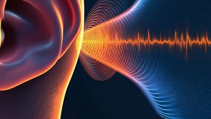 Aufkleber - Sound waves in orange and blue penetrating ear canal, visualizing hearing process and sound perception through detailed anatomical digital animation
