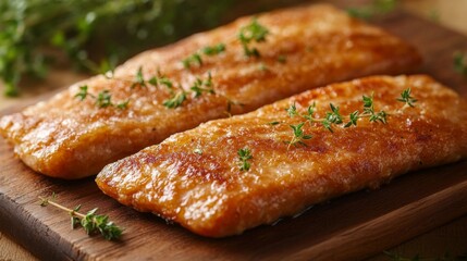Poster - A plate of golden-brown sausages, with crispy edges, arranged neatly on a wooden board, garnished with fresh herbs, and lit by soft natural light