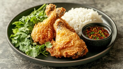 Poster - A plate of perfectly fried chicken with a crisp exterior, served with aromatic rice, fresh herbs, and a small bowl of dipping sauce, all set on a simple plate