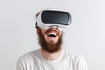 Fototapete - Happy Man Wearing Virtual Reality Glasses Enjoys Immersive Experience in Bright Environment Creating Joyful Mood
