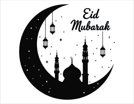 Flat Eid Mubarak Illustration with Moon and Mosque