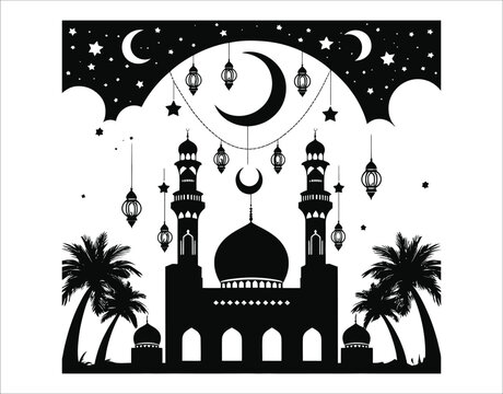 Islamic Mosque with Crescent Moon Silhouette