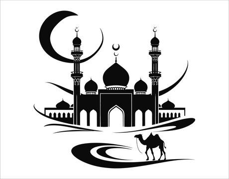 Islamic Mosque Silhouette with Camel and Crescent Moon