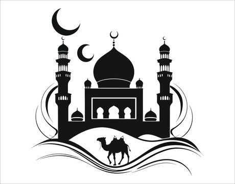 Traditional Mosque and Camel Silhouette for Eid Design
