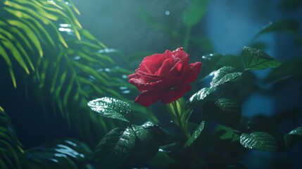 Poster - A red rose with water droplets surrounded by green leaves, photographed in soft natural light to enhance its vibrant color