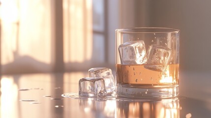 Poster - A refreshing image of a cold glass of soda with large ice cubes, condensation dripping down the sides, placed on a clear, minimalist surface with soft natural light