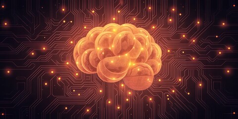 Poster - Artificial brain on a circuit board with glowing connections represents ai technology