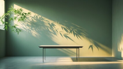 Poster - green wall studio background with light and bamboo leaf shadow, empty concrete room with sunlight on