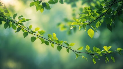 Poster - Bright spring landscape with green leaves and bokeh effect on tree branches