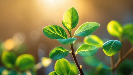 Poster - Close-up of a fresh young plant with vibrant green leaves bathed in sunlight.