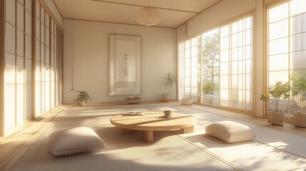 Aufkleber - A serene Muji-inspired living room featuring a minimalist design with natural wood furniture, neutral tones, and large windows that let in ample natural light, creating a peaceful retreat.