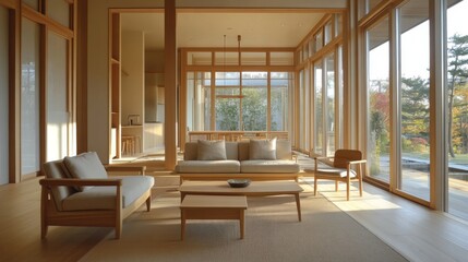 Aufkleber - A serene Muji-inspired living room featuring a minimalist design with natural wood furniture, neutral tones, and large windows that let in ample natural light, creating a peaceful retreat.