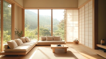 Aufkleber - A serene Muji-inspired living room featuring a minimalist design with natural wood furniture, neutral tones, and large windows that let in ample natural light, creating a peaceful retreat.