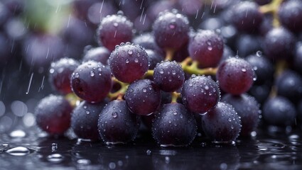 Poster - Close-up of fresh purple grape cluster with water droplets on the fruit surface
