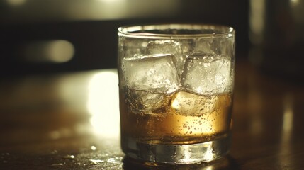 Poster - A simple yet captivating close-up of soda with ice cubes, showing the condensation forming on the outside of the glass, set on a wooden surface with soft lighting