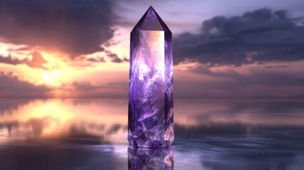 Fototapete - A single amethyst crystal standing upright on a reflective surface, with its deep purple tones glowing under soft lighting