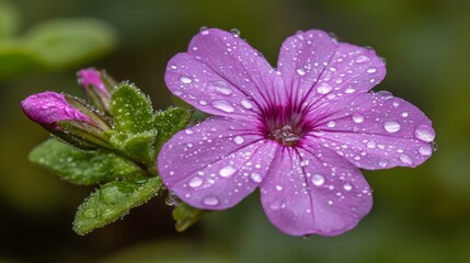 Poster - A single bright flower with dew-covered petals, set against a soft, blurred green background, highlighting the delicate water droplets