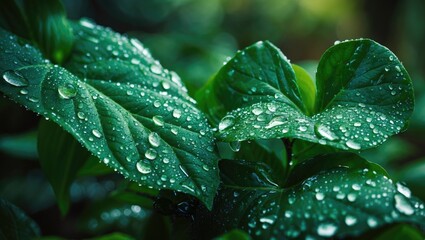 Poster - Detailed view of a green leaf adorned with dew droplets