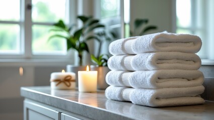 Poster - Soap and cotton towels placed on the bathroom counter with a blurred background.