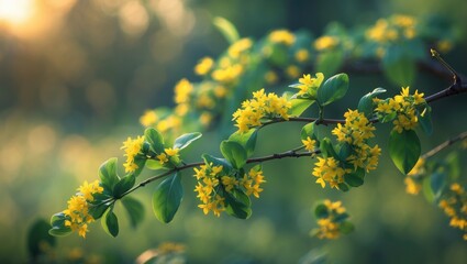 Poster - Close-up of a branch with delicate yellow blossoms and lush green foliage