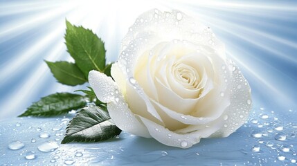 Poster - A single white rose with water droplets on its petals, illuminated by soft sunlight for a serene and peaceful ambiance
