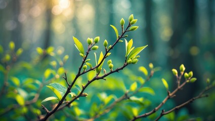 Poster - Close-up of a young plant in the forest with a blurred background