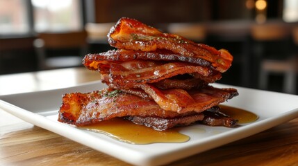 Poster - A stack of crispy bacon strips on a white plate, arranged neatly with a light drizzle of maple syrup, on a wooden table with soft natural lighting