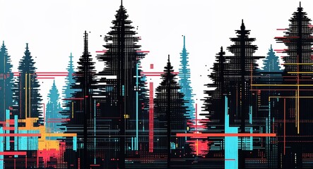 black trees digital glitch pixel abstract pattern art design on plain white background illustration