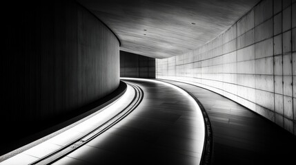 Aufkleber - A subway tunnel with illuminated track rails running through a dark, curved passage, with soft lighting casting shadows on the concrete walls for a dramatic effect