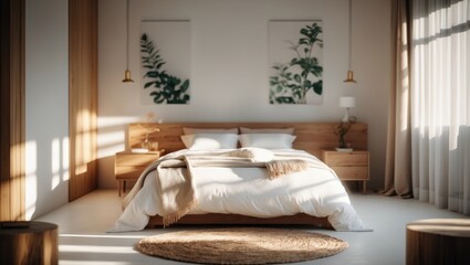 Poster - Relaxing bedroom environment featuring natural wood, textiles, and a blurred background that enhances warmth and tranquility.