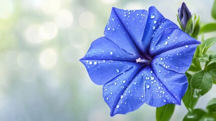 Poster - A vibrant flower with water droplets on its petals, placed against a soft, blurred background, with droplets glistening in the sunlight