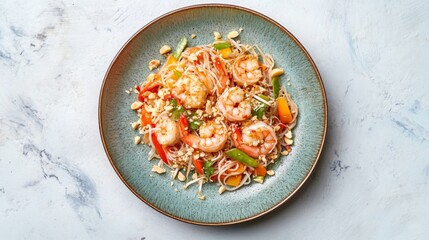 Poster - A vibrant plate of , beautifully arranged with stir-fried rice noodles, shrimp, bean sprouts, and a sprinkle of crushed peanuts, capturing the colorful essence of this beloved Thai dish.