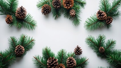 Poster - Cones and pine branches on a white background with space for text, top view flat lay Christmas decoration