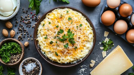 Poster - A visually striking overhead shot of a carbonara dish garnished with fresh herbs and grated cheese, surrounded by ingredients like eggs, cheese, and black pepper for a culinary context.