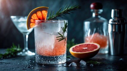 Aufkleber - Chilled gin cocktail with grapefruit, rosemary, and ice served in a frozen glass.