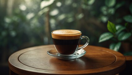 Poster - Vintage black coffee in a glass cup on a wooden table with space for text.