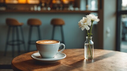 Poster - Table with a coffee cup and a white flower