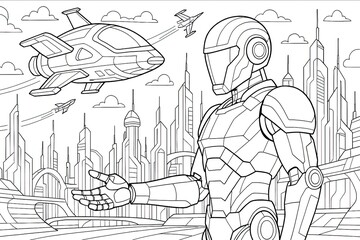 Poster - Futuristic Robot and Spaceship in a Cityscape Line Art Illustration