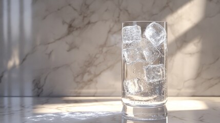 Poster - A wide shot of a soda glass filled with ice cubes and sparkling bubbles, sitting on a bright marble countertop, with sunlight reflecting off the glass's surface