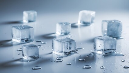 Aufkleber - Transparent ice cubes with water droplets on background, flat lay for summer or winter theme
