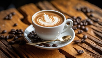 Poster - Delicious coffee beverage with foam art in a cup at a restaurant