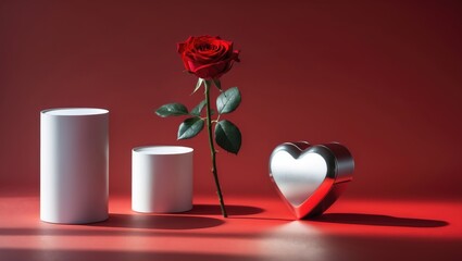 Poster - Creative arrangement featuring a red rose and heart-shaped gift box against a background, emphasizing minimalism.
