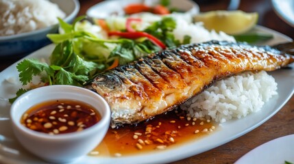Poster - A wide shot of fried seabass with a shiny fish sauce glaze, paired with steamed rice and a small bowl of dipping sauce, showcasing the essence of Thai dining