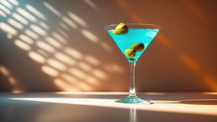Poster - Elegant vodka martini with green olives set against a bright shadowed background