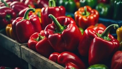 Poster - Vivid assortment of fresh red bell peppers at the natural food market