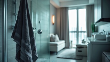 Poster - interior of a condominium with furniture and appliances, out of focus, vintage grain film style