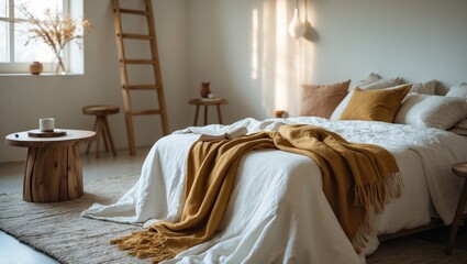 Poster - Stylish bedroom design with a comfortable bed, white bedding, and a coffee table in a bright, modern room