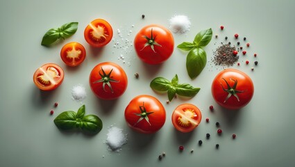 Poster - Arrangement of ripe tomatoes, fresh basil leaves, sea salt, and peppercorn on a light background