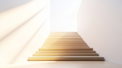Poster - A wooden staircase with smooth, neutral-colored steps leading up to a minimalist home, surrounded by clean, white walls and soft natural light